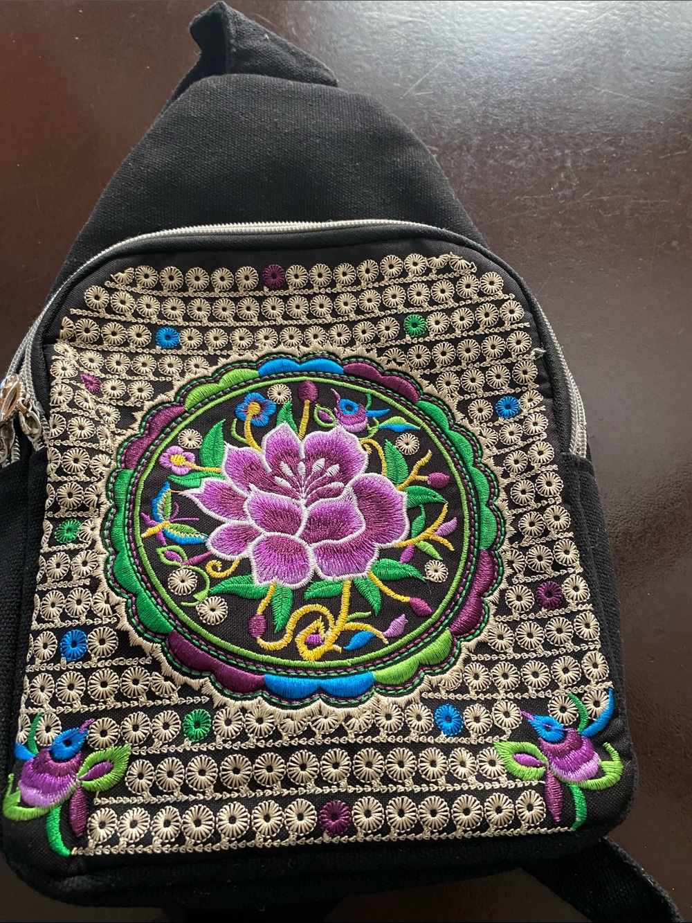Embroidered Floral Mini Backpack - Black & Purple